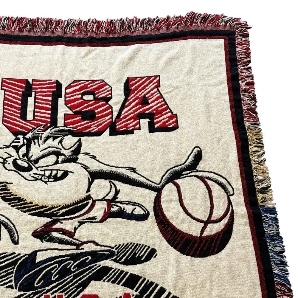 Vintage 1995 Looney Tunes Taz USA Olympics Basketball Throw Blanket Collectible